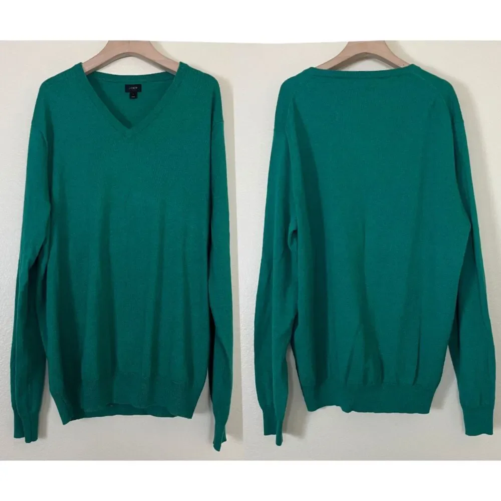 J.Crew Men Size L Cotton Cashmere Kelly Green V-Neck Sweatshirt Casual Minimal